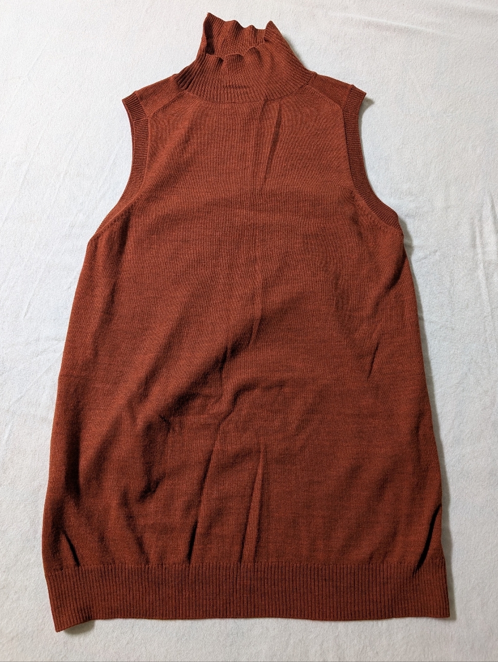 Merino Wool Blend Rust Sleeveless Mock Neck Button-Side Sweater Vest - Picture 5 of 7